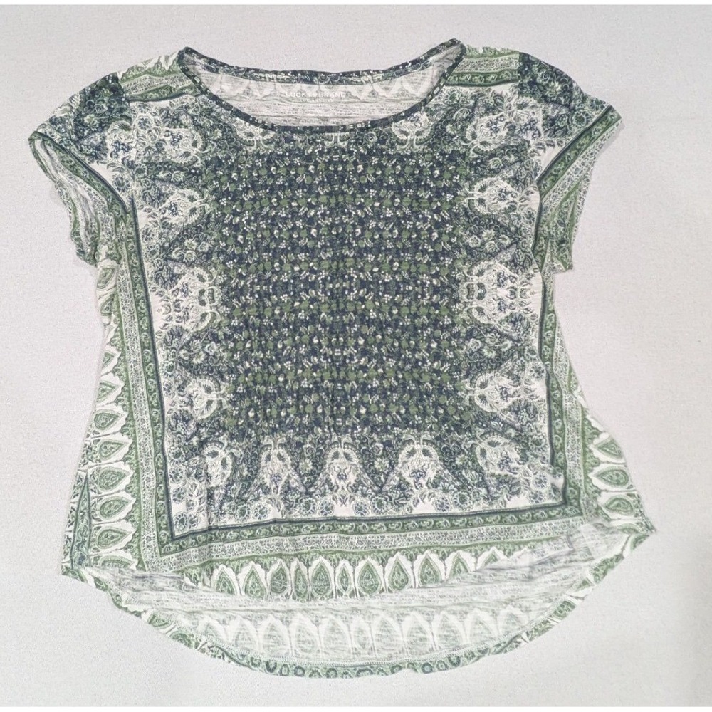 Lucky Brand Medallion Print Top Womens XL Green Paisley Short Sleeve Excellent